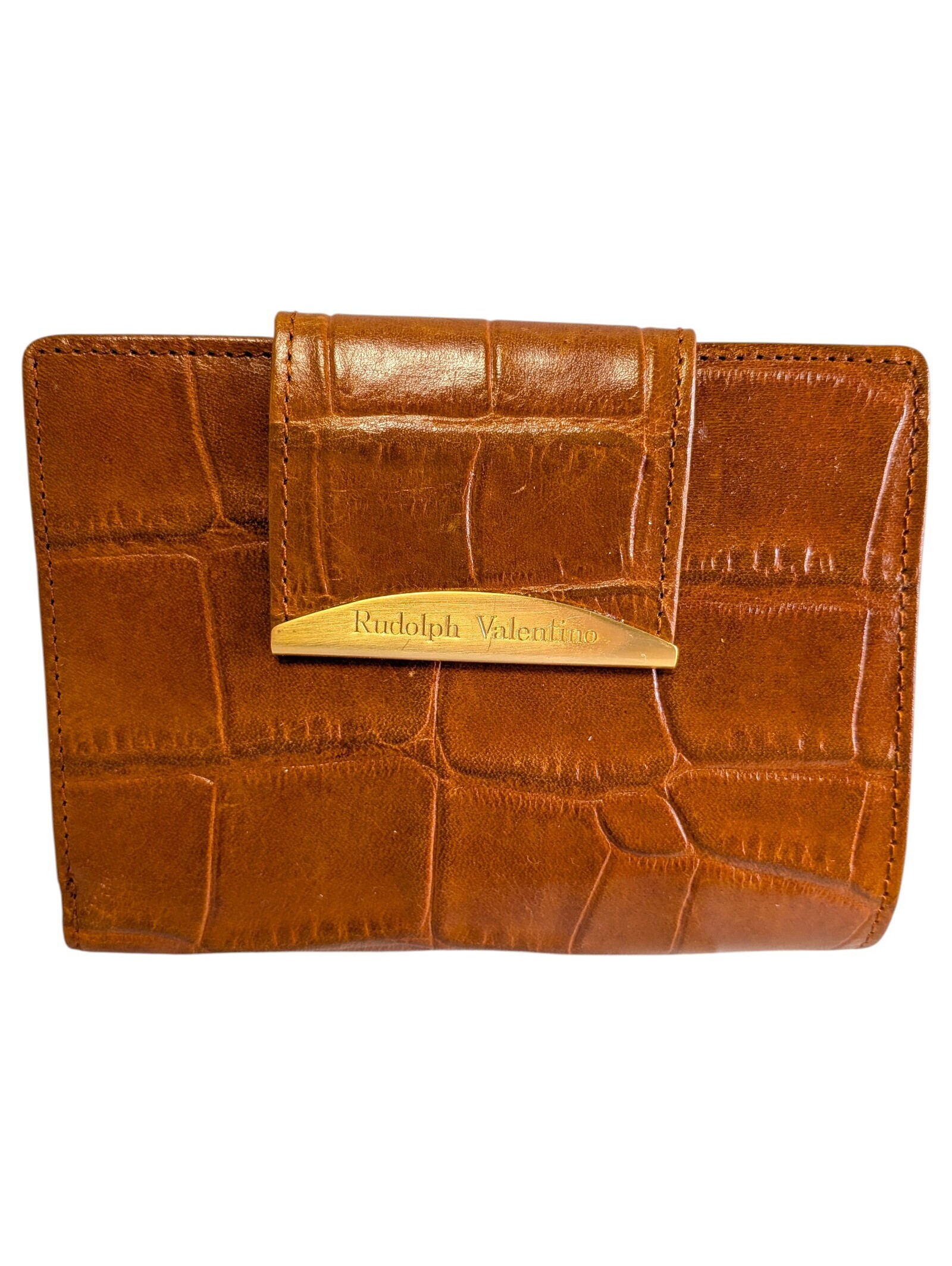 Vintage Rudolph Valentino Brown Croc-Embossed Leather Wallet New